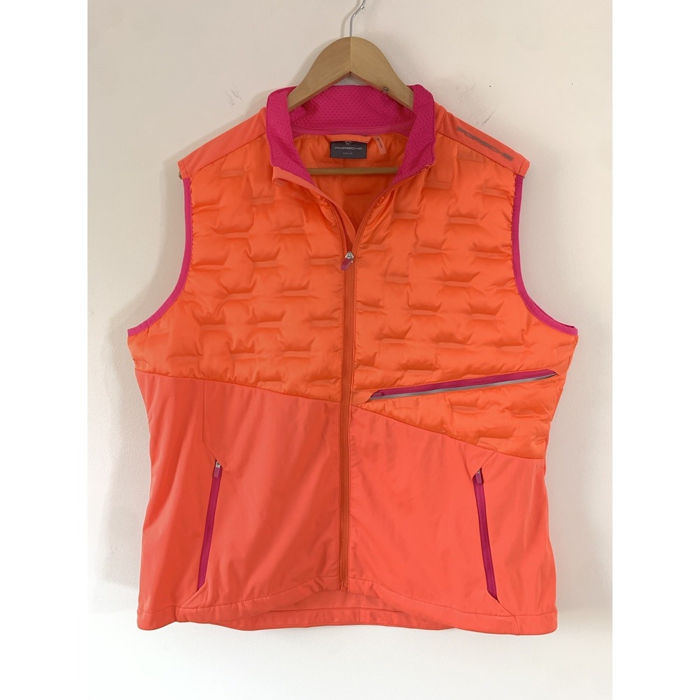 Porsche Shop Vest Women's Size Large Orange/Pink Puffer Sleeveless Quilted